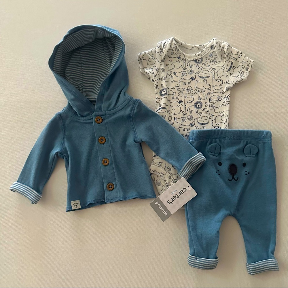 Carter’s Preemie Baby Boy Koala Blue Hooded Cardigan Pants Set Outfit NWT